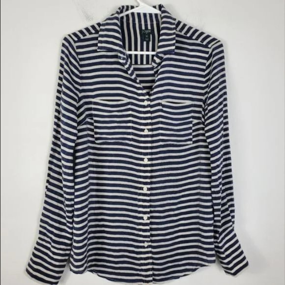 J. Crew Silk Button Up Womens Size XS Blue & White Stripe Nautical Beachy Preppy - Picture 1 of 4